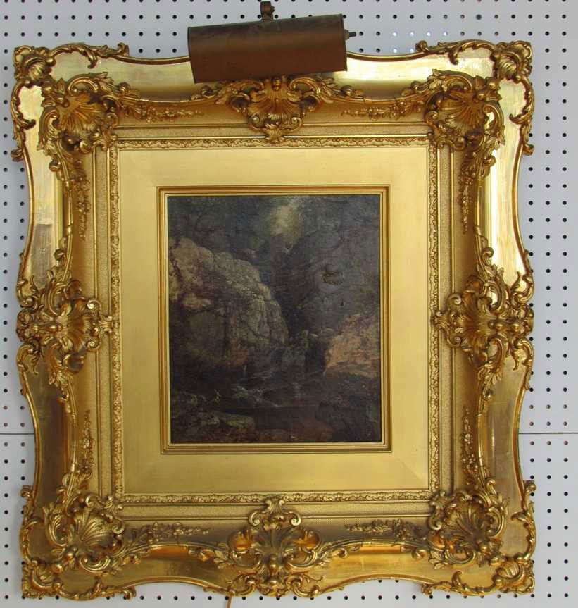 David Johnson (1827-1908) Cascade Rockland Co. NY: David Johnson (1827-1908) Cascade Rockland Co New York, dated 1876, oil on cavas, old repairs, some tearing, superb period frame, initials lower left, signed on back, canvas ht. 14 1/4, wd. 12 1/4, fr
