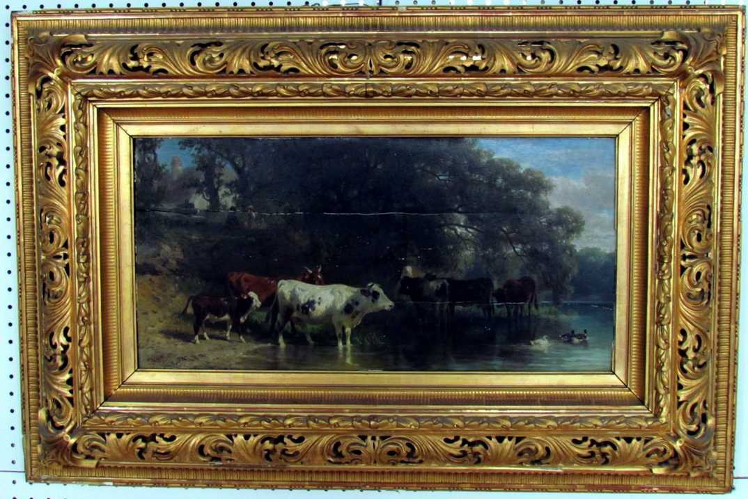 Friedrich Voltz (1817-1886) Cows in Landscape Oil: Friedrich Voltz (1817-1886) Cows in Landscape, dated 1876, oil on board, age splits on board, needs cleaning, superb frame, ht. 12 1/2, wd. 25 3/4, frame ht. 26 1/2, wd. 40