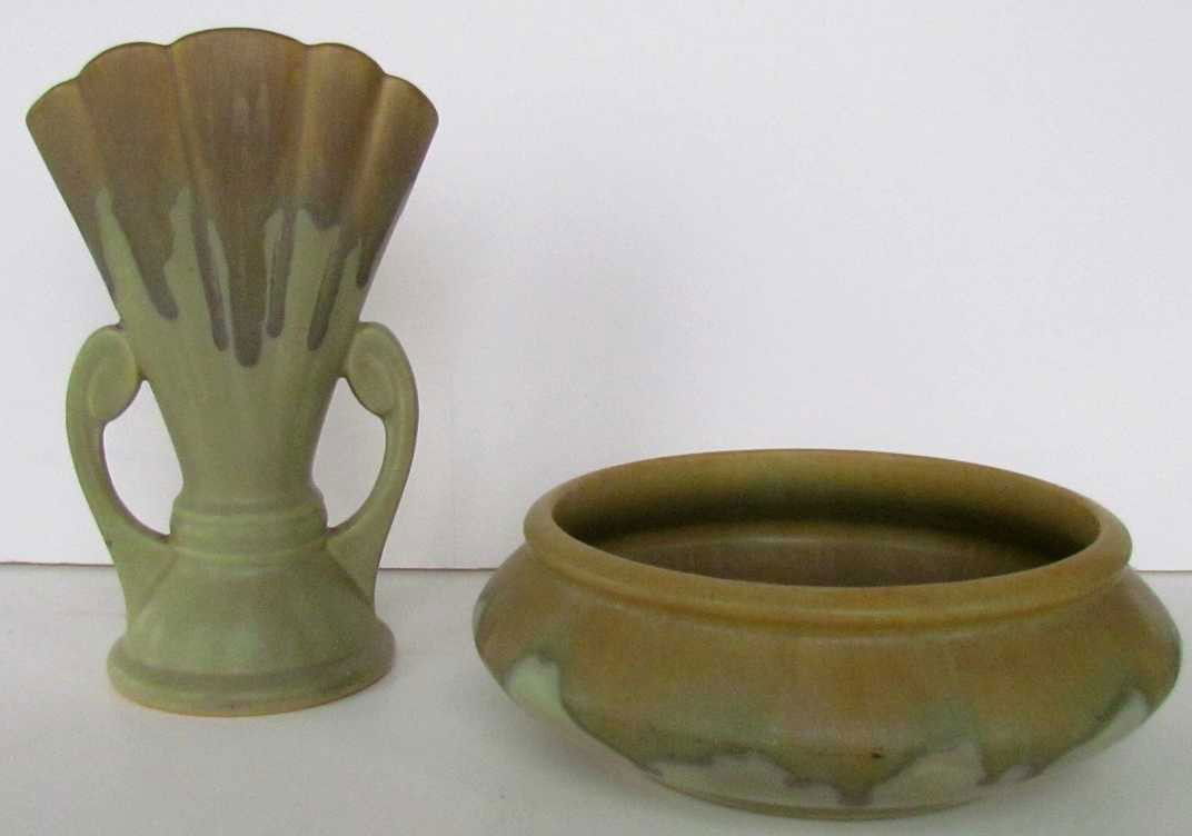 Two Roseville Pottery Green Carnelian Items: Two Roseville Pottery Green Carnelian Items, vase ht. 8 ¼, wd. 4 ½, blue stamp mark, bowl, ht.2 ¾, wd. 8, blue stamp mark