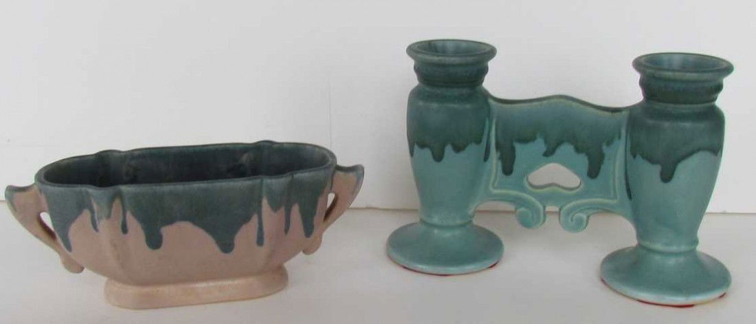 Three Roseville Pottery Carnelian I Items: Three Roseville Pottery Carnelian I Items, vase, flower frog and double vase, ht. 5 ¼, wd. 7 ¼, blue stamp mark