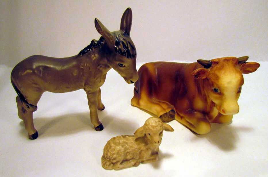 Three Hummel Figurine Animals: Three Hummel Figurine Animals, donkey, ht. 5, cow, 214k, three line mark, ht. 3 ½, baby lamb, 214, three line mark, ht. 1 ¾