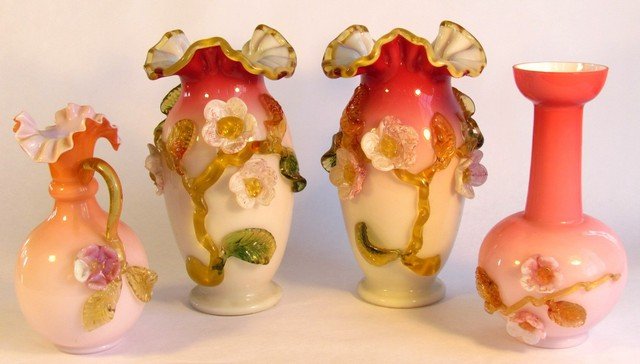 Group Four Victorian Art Glass Vases: Group Four Victorian Art Glass Vases attributed to Stevens and Williams, largest height 9 1/4, wd. 5, some chips on flowers. See photo.