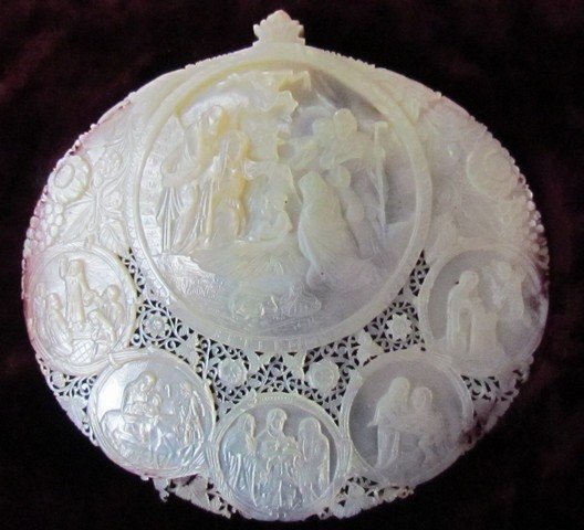 Canton c. 1840 Carved Mother of Pearl Nativity Scen: Canton Carved Mother of Pearl Nativity Scene, c. 1840, ht. 7, wd. 7 in original shadow box, tiny break to one spot, all pieces are together. Provenance Janet Wulsin expedition to China. See: D. S. How