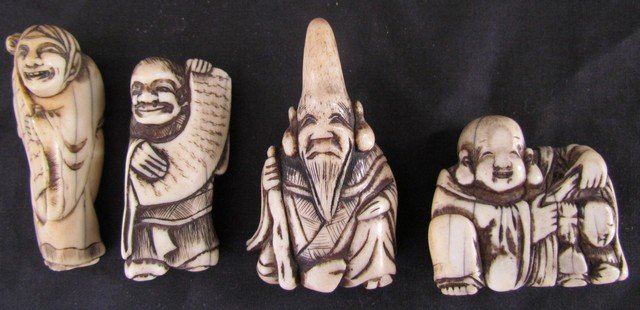 Group Four Antique Oriental Carved Ivory Netsuke: Group Four Oriental Carved Ivory Netsuke, largest ht. 2 1/8, wd. 1