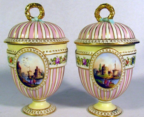 Pair Dresden Porcelain Custard Cups and Covers: Pair Dresden Porcelain Custard Cups and Covers, ht. 5 1/4, wd. 4