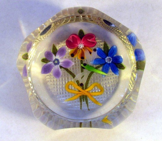 Perthshire Paperweight Dragonfly: Large Perthshire floral and dragonfly detail paperweight measuring 3 inches wide by 2 inches high.