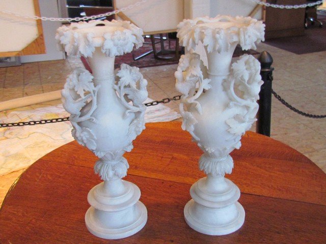 Two Victorian Alabaster Vases: Two Victorian Alsabster Vases, height 18 1/2 inches.