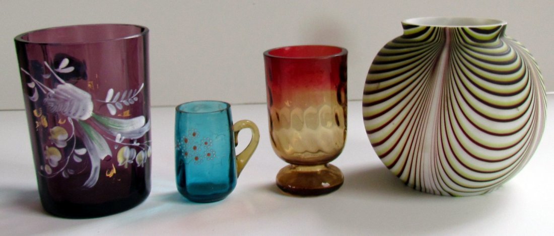 Four Art Glass Items: Four Art Glass Items, purple cup with blue handle, ht. 3 1/2, small blue handled cup ht. 2, Amberina toothpick ht. 3, Webb style vase, ht. 3 1/2, minor chip on edge.