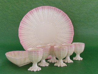 Small lot of pink Neptune pattern ware items: Small lot of pink Neptune pattern ware items, a dessert plate, six egg cups and a heart shaped bowl. Plate and egg cups are second mark black and bowl is fourth mark green, plate diam. 8