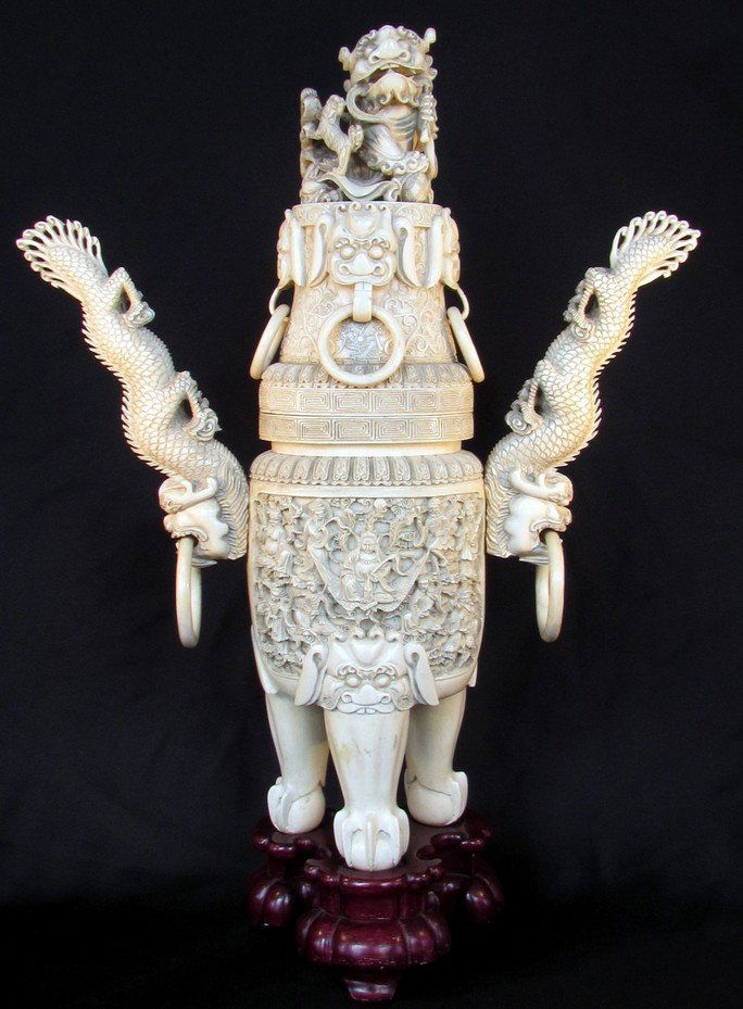 Massive Chinese Ivory Censer 19th Century: Massive Chinese Ivory Censer, Qing Dynasty, 19th century, handles with old glue but overall excellent condition, height 20 1/4, width 16 3/4 (without wooden base), form fitted hardwood base, ht. 3 inc