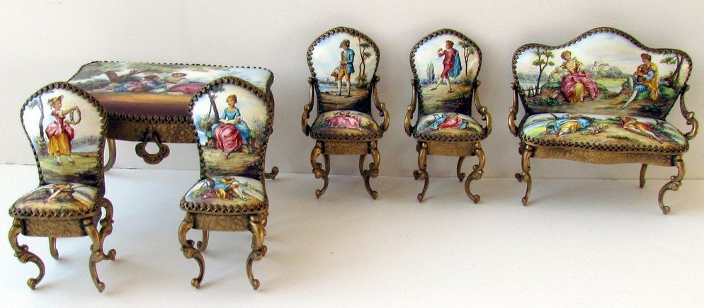 6pc. Miniature Enameled Gilded Austrian Miniature F: This set includes 6 pieces: settee, table and 4 chairs, some stamped Austria, 1 1/4 in. lg. to 5 1/4 in. lg.