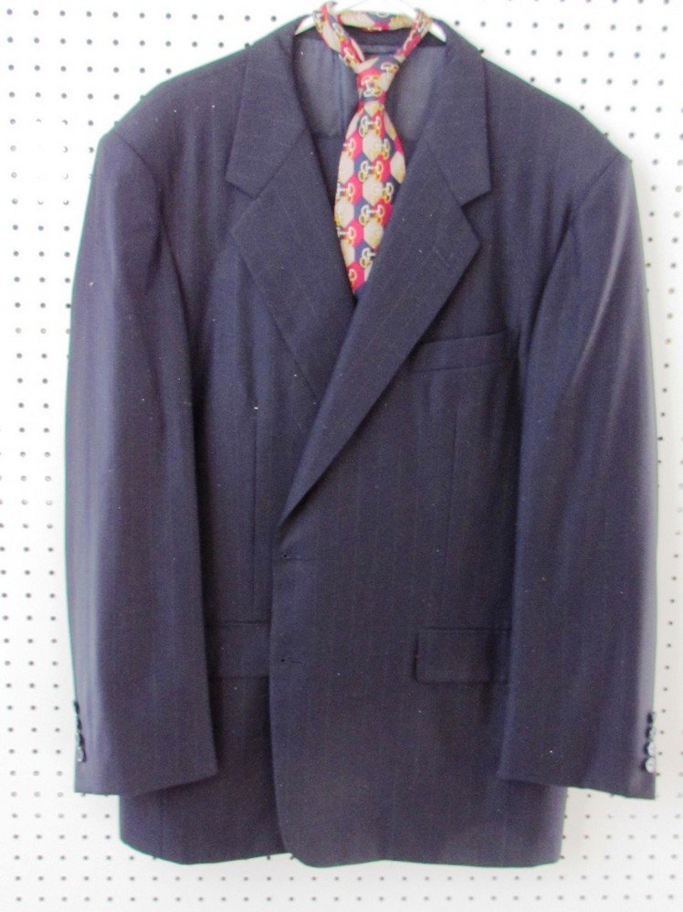 Two Hickey Freeman Suits and Designer Ties.: Two Hickey Freeman men’s suits, brown and navy size extra large; 7 silk ties, Givenchy, Paolo Gucci, overcoat, and a Lacoste sweater size L. Good condition.