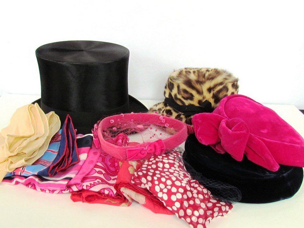 Lot of Hats and Accessories.: Lot of vintage hats and scarves. 4 Ladies hats including leopard fur and a “Knox” top hat with form, has some wear, ladies silk scarves. 6 1/2" in total height. Inside circumference approx 21.5" i