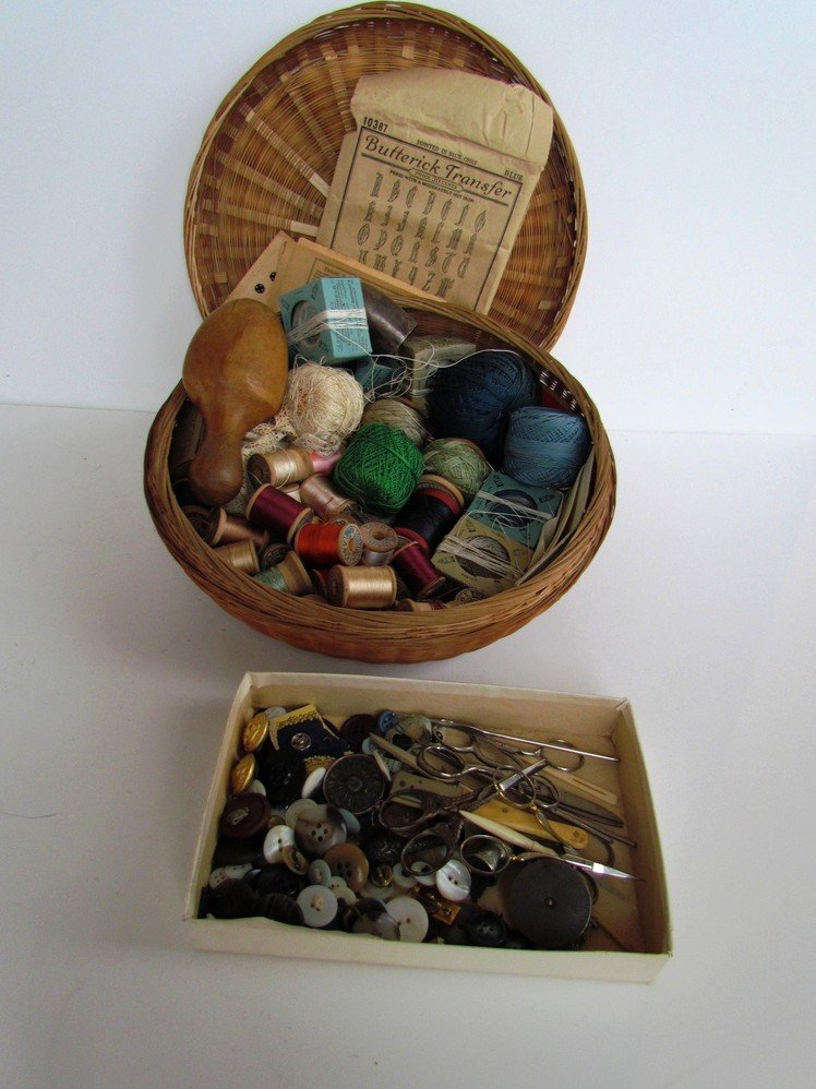 Linens and Sewing Lot.: Linens and sewing lot, including napkins, tea towels, and dollies. Sewing including, scissors, buttons, thread, and notions. Some items are embroidered and others have monograms. One style of napkin m