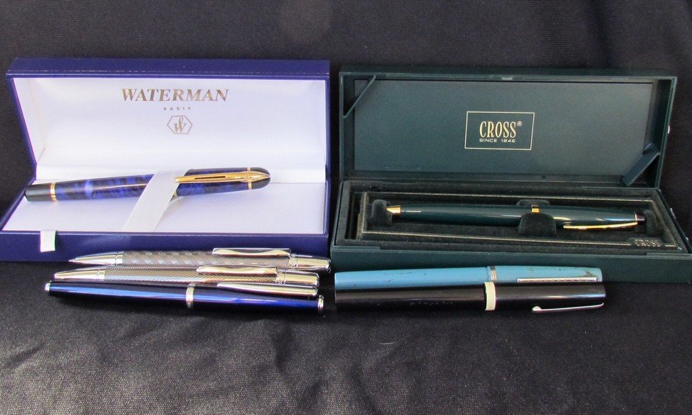 Fine Fountain and Ballpoint Pen Lot Some Boxed.: Lot of 6 Pens some new 3 Waterford, 1 Cross. Collection of fine pens. Brand new Waterford pens. Two gun metal ballpoint and one blue enamel fountain one of each needs ink inserts. Boxed Waterman fount
