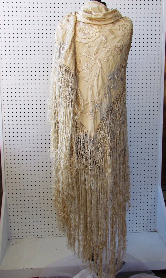 Two Antique Thows/Shawls, Silk.: Lot of two antique throws/shawls. Two antique shawls one silk with embroidered flowers and fringe, and one hand crocheted. condition.