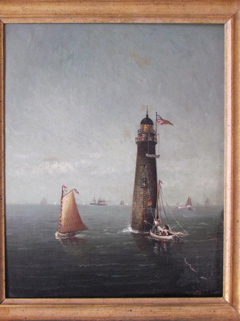 Wesley Elbridge Webber (1841 - 1914) Lighthouse Oil: Wesley Elbridge Webber (1841 - 1914), lighthouse oil on canvas, signed lower right, very small tears and some wrinkling, needs to be relined, frame ht. 18 3/4, wd. 15 3/4, oil ht. 16, wd. 13. (See lig