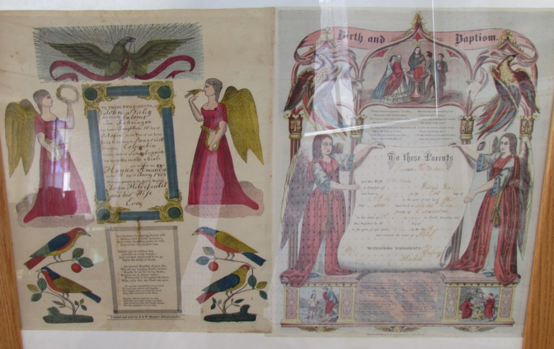 Hand Colored Framed Birth Documents Dated 1851 1853: 1851 1853 hand colored framed birth documents. Set of excellent quality hand colored documents commemorating the birth and baptism from the Fahringer family from Colombia PE. Documents are dated 1851 