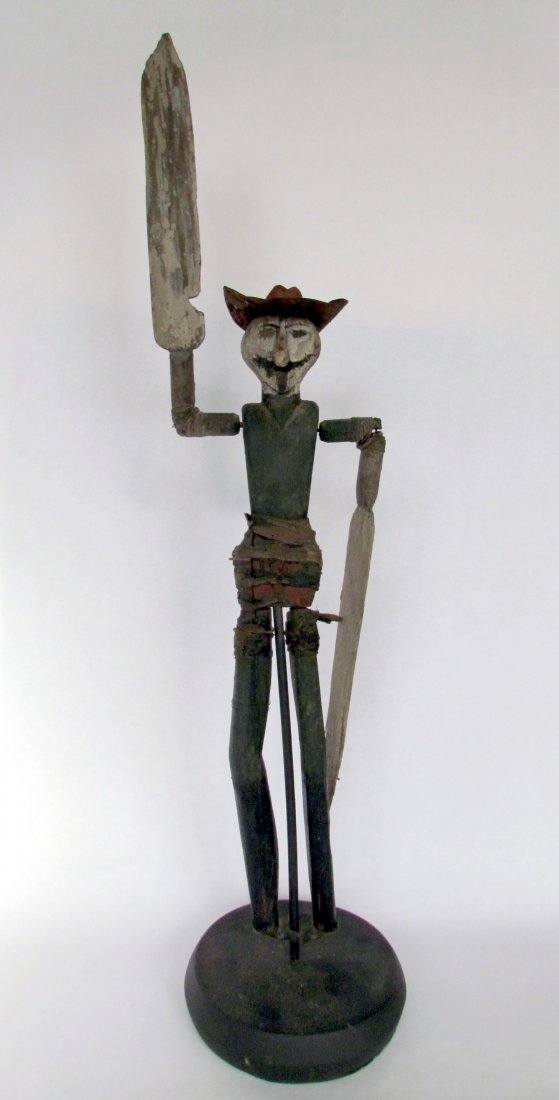 Early Wooden & Tin Whirligig: Early Wooden & Tin Whirligig, original surface, ht. 30 1/2, wd. 8, on stand ht. 33 1/2, diam. 7 1/2