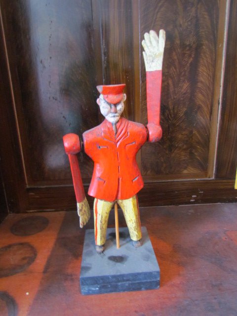Railroad Guard Wooden Whirligig: Railroad Guard Wooden Whirligig, ht. 17 1/2, wd. 7 1/2, on stand ht. 19 1/2, wd. 6 1/4