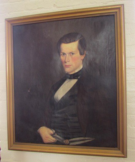 Folk Art Portrait Man with Shears: Folk Art Portrait Man with Shears, small tear, frame ht. 34, wd. 28 1/2