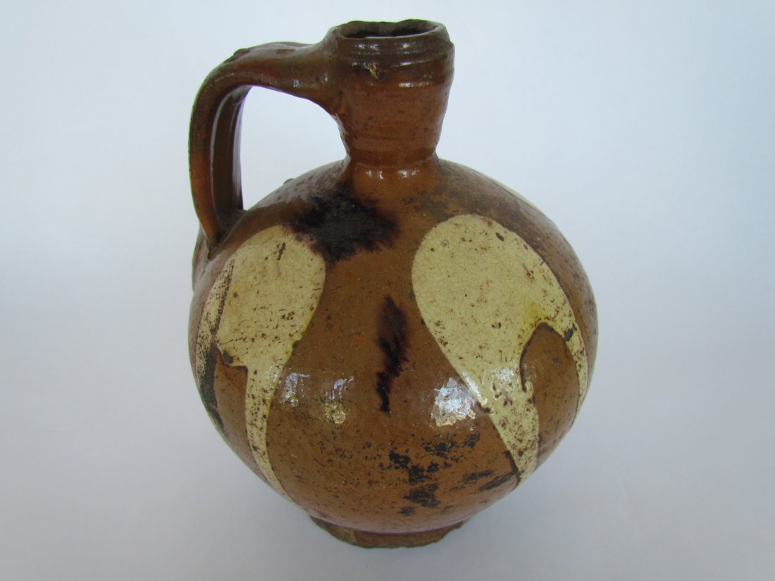 Redware Jug: Redware Jug, white decoration, ht. 8, wd. 6 1/2