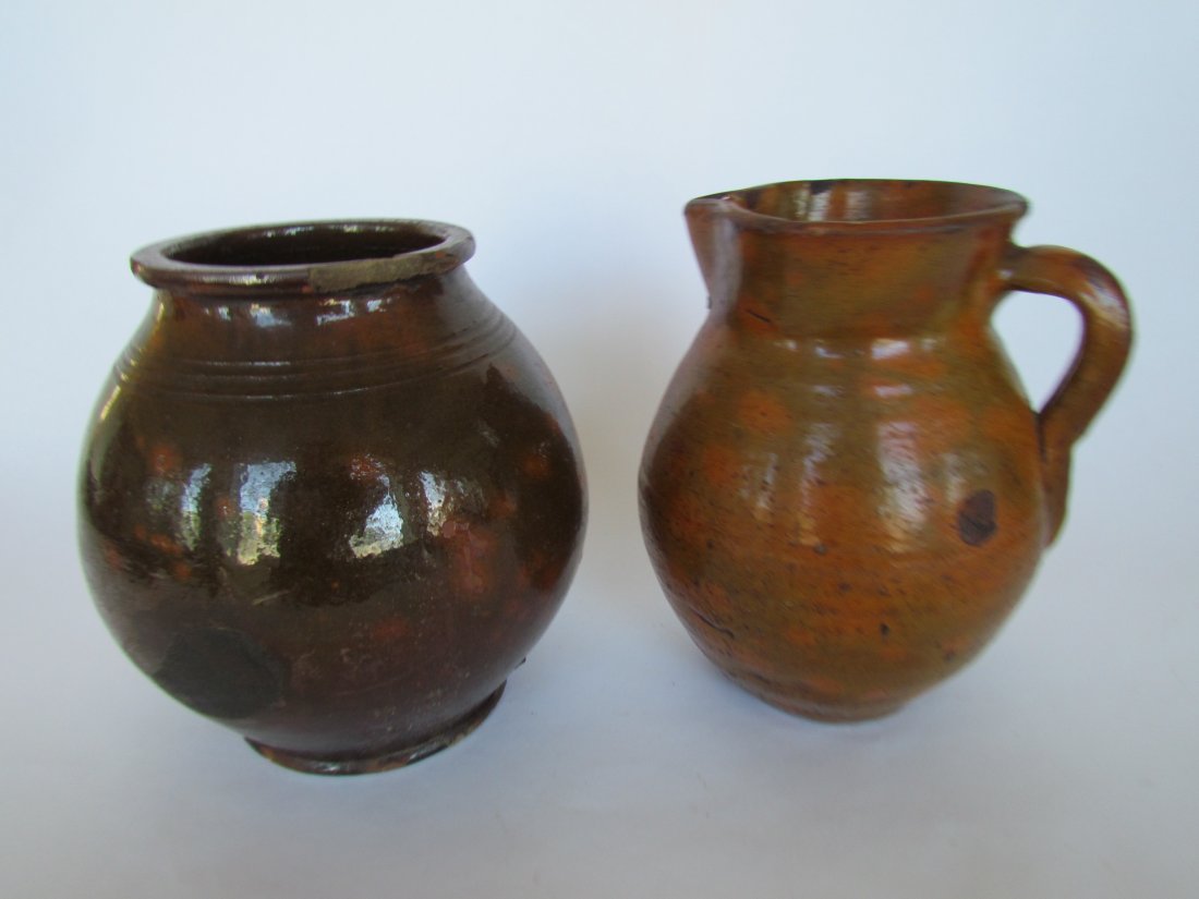 Two Redware Items: Two Redware Items, pitcher ht. 7 1/2, wd. 6