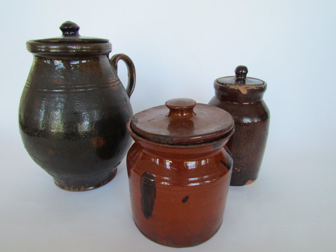Three Redware Items with Covers: Three Redware Items with covers, largest ht. 9, wd. 7, chips, hairlines