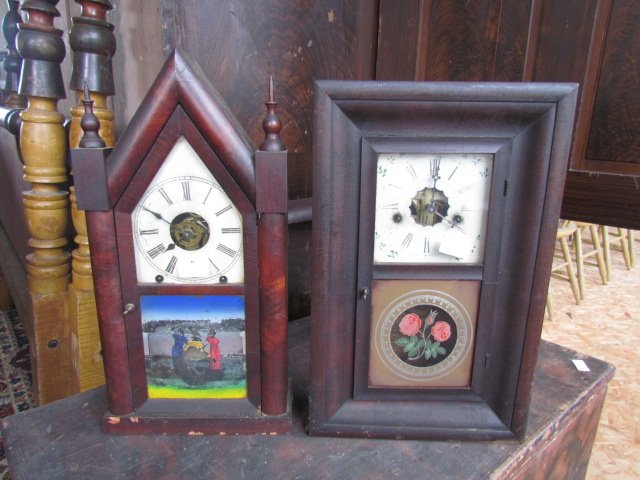 Two Shelf Clocks: Two Shelf clocks, steeple Daniel Pratt, Boston, ht. 20 and 8 day with reverse painted roses, ht. 18 1/2