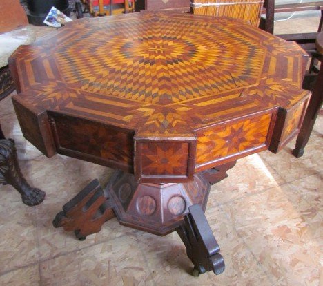 Large Folk Art Inlaid Table: Large Folk Art Inlaid Table, ht. 30, wd. 37
