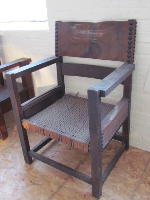 Mission Hall Seat: Mission Hall Seat, leather sides, minor loss to post, ht. 36, wd. 25 1/2