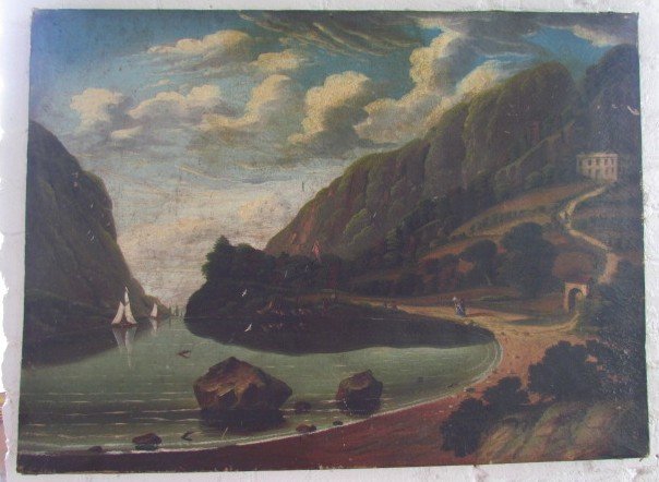 Hudson River School Painting: Hudson River School, oil on canvas, ht. 22 1/4, wd. 30. no frame. on original stretcher, very small hole near rock in center. untouched barn find condition.
