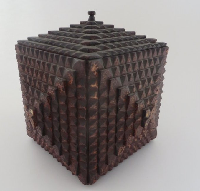 Folk Art Tramp Art Box: Folk Art Tramp Art Box, very nice patina, ht. 7 1/2, wd. 7 1/2 (More sure to see our other folk art and America items later in the auction!)