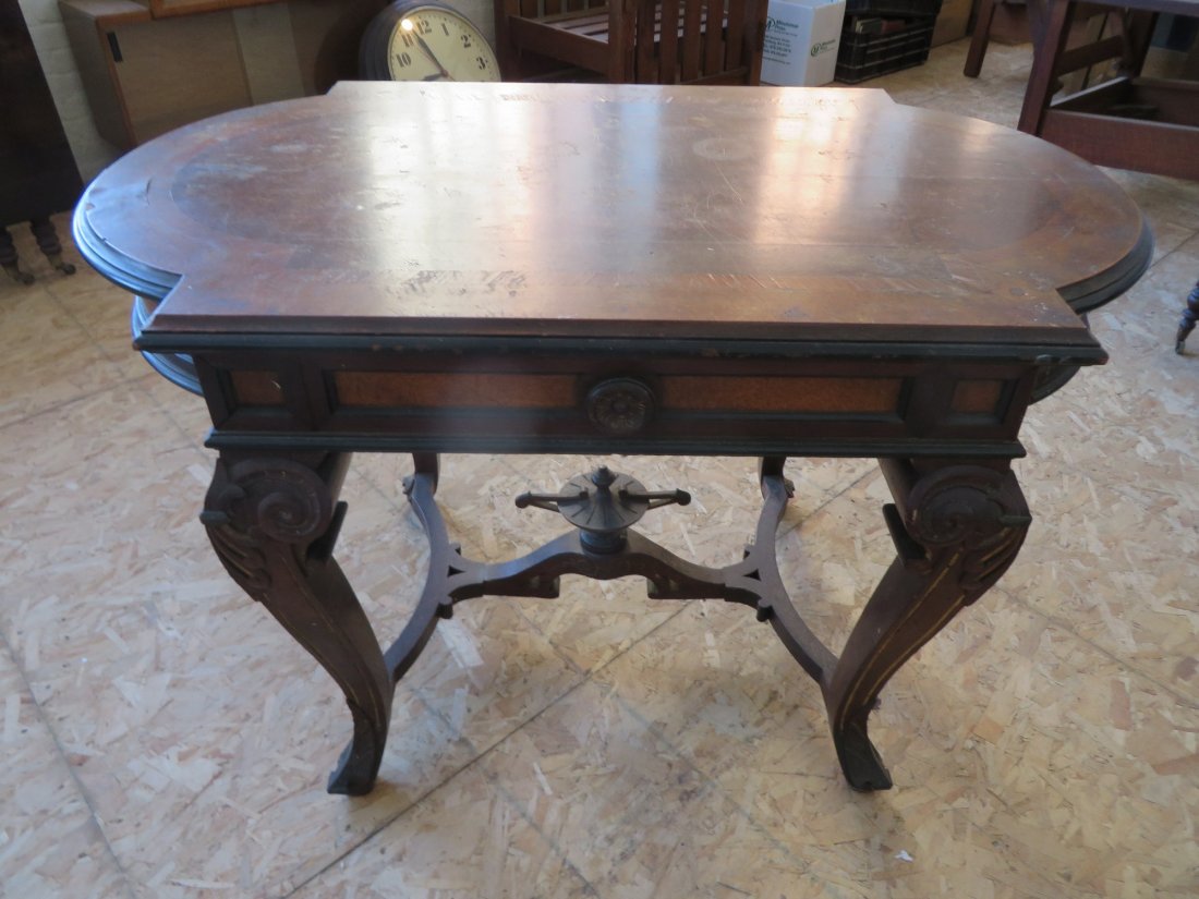 Antique Renaissance Revival Inlaid Table: Antique Renaissance Revival Inlaid Table, some veneer damage, ht. 28, wd. 43