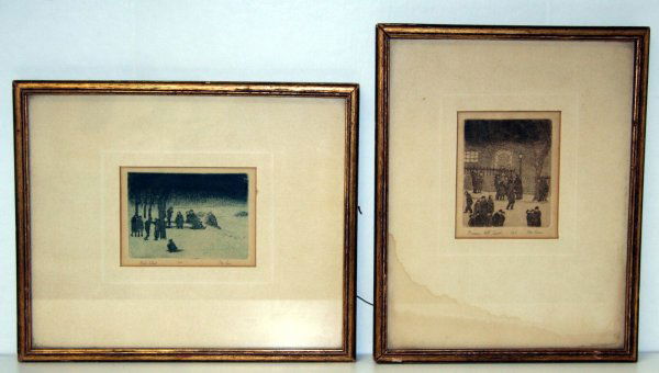 Two Boston Etchings: Two Boston Etchings, "Bob Sed", ht. 3, wd. 3 1/2, & "Beacon Hill Carols" ht. 4, wd 3, one mat water stained but etchings are fine, both marked 100 and Mo Comm in pencil. Provenance: From the family of