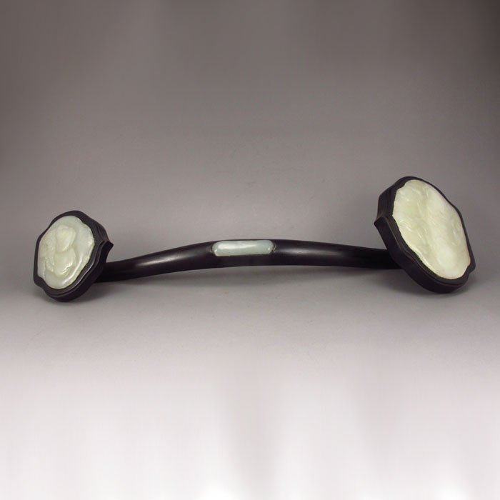 Chinese Zitan Wood Inlay Hetian Jade Ruyi Scepter: Chinese Zitan Wood Inlay Hetian Jade Ruyi ScepterDimension:277*104*19 (mm)10.91*4.09*0.75 (in) Weight 0.89 lbs/404g