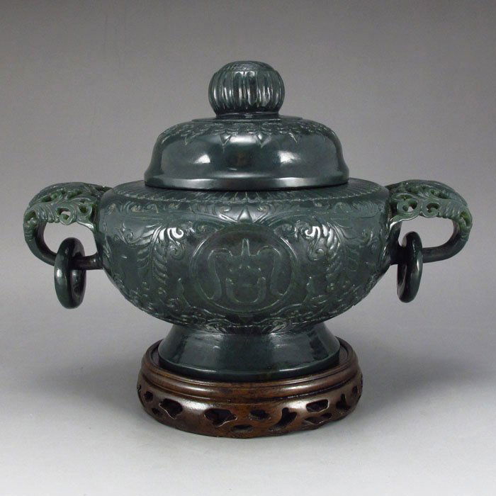 Chinese Qing Dy Hetian Jade Low-relief Incense Burner: Chinese Qing Dy Deep Green Hetian Jade Low-relief Double-ear Incense Burner w Lucky DesignDimension: 190*125*115(mm) 7.48*4.92*4.53(in) Weight 1.13 lbs/512gThe total weight does not include the base.