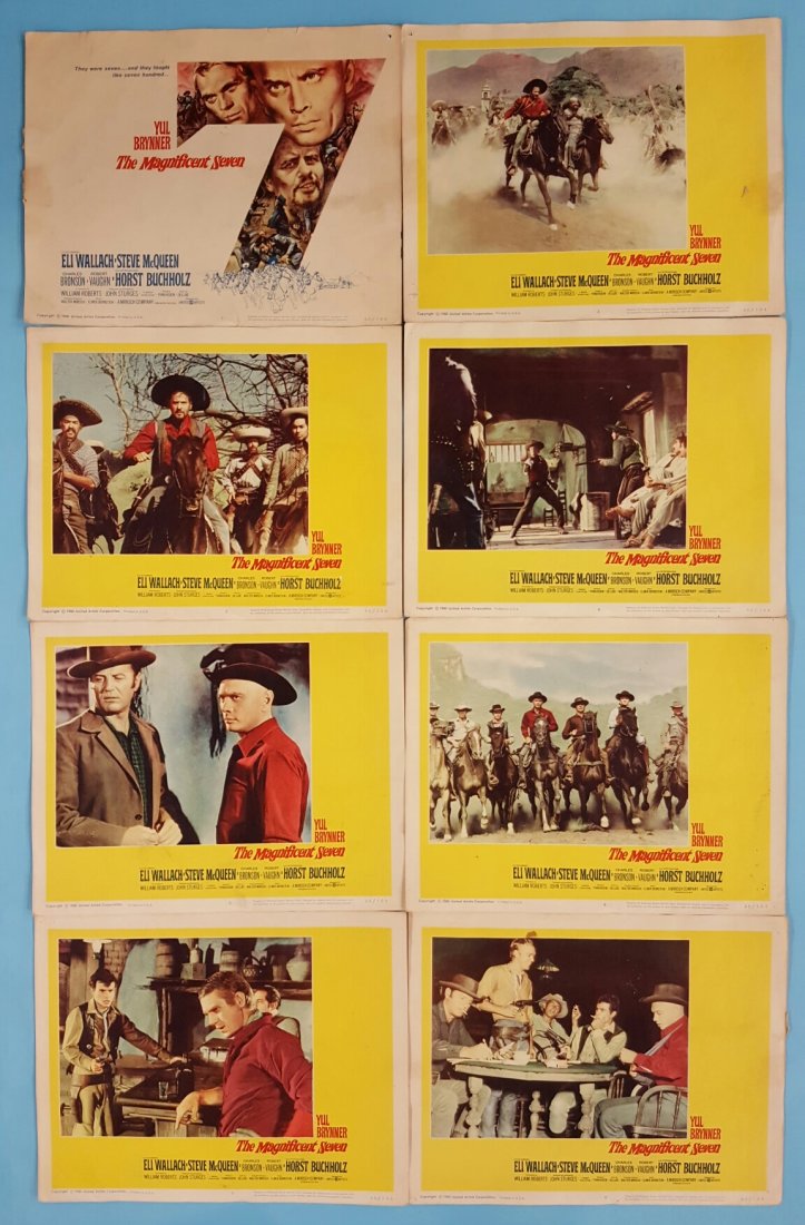The Magnificent Seven (1960) 8 Movie Lobby Card Set,: United Artist release The Magnificent Seven Lobby Card set of 8. Starring Yul Brynner, Steve McQueen, Charles Bronson, & Eli Wallach. The cards show edge wear with some minor stains, pinholes, and sur