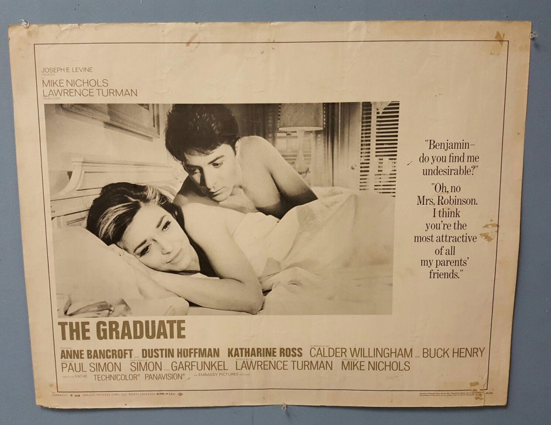 The Graduate (1968) Half Sheet Movie Poster: Embassy Pictures 22" x 28" half sheet. Comedy starring Anne Bancroft, Dustin Hoffman, & Katharine Ross. An unrestored half sheet that displays signs of use including edge wear, tape on front and back,