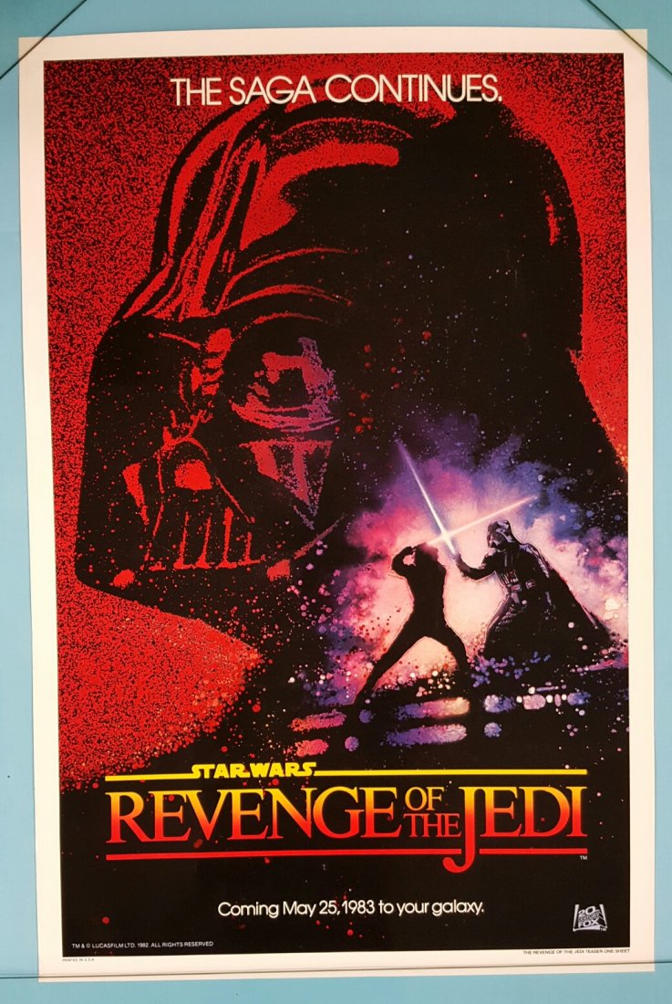 Revenge of the Jedi (1982) One Sheet Movie Poster: (20th Century Fox) 27" x 41" rolled unrestored Revenge of the Jedi original poster. This is the dated version of this very scarce poster which was recalled after the decision was made to change the na