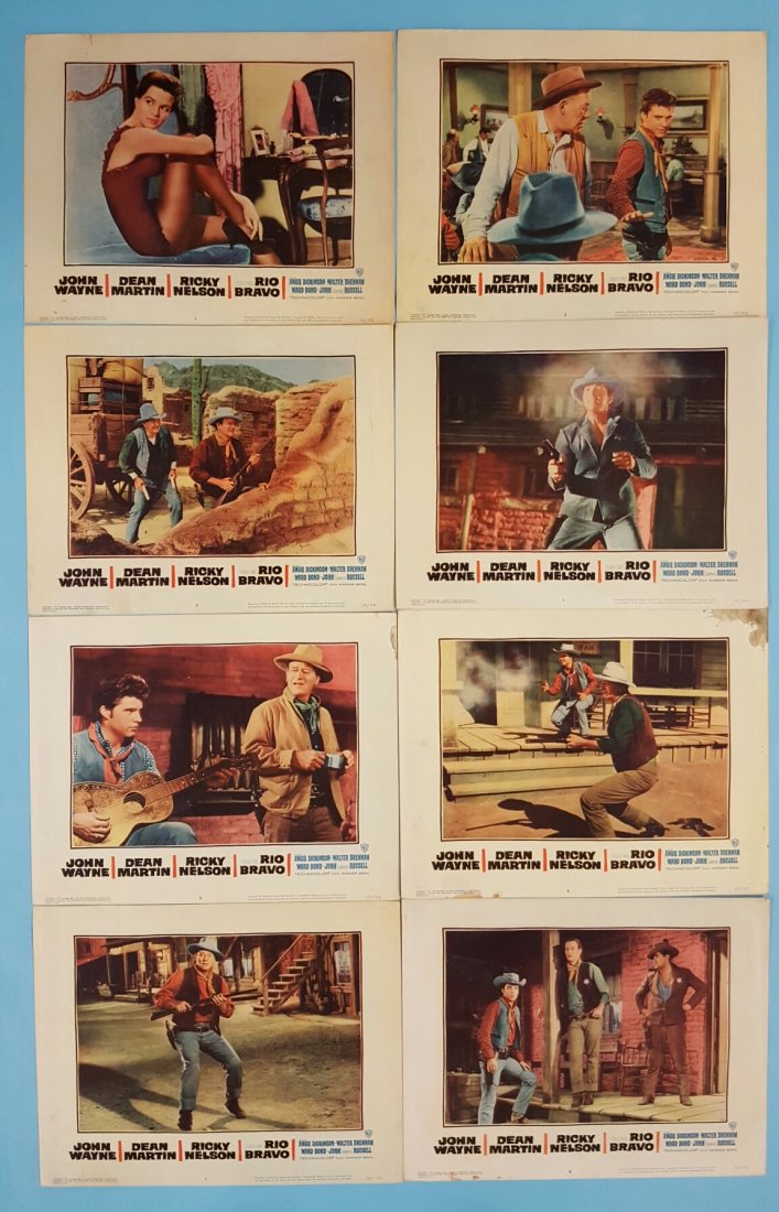 Rio Bravo (1959) Set of 8 Movie Lobby Cards: (Warner Bros.) An excellent set of 8 lobby cards for this classic western with John Wayne, Dean Martin, Ricky Nelson, & Angie Dickinson. This is a difficult set to find complete. All of the cards are