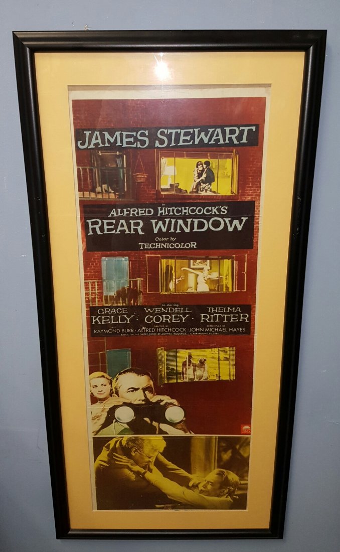 Rear Window (1954) Movie Poster Insert Framed: (Paramount) A favorite suspense thriller by Alfred Hitchcock starring James Stewart, Grace Kelly, & Raymond Burr. This insert is nicely framed and matted. The insert has edge wear, surface scuffs, a c