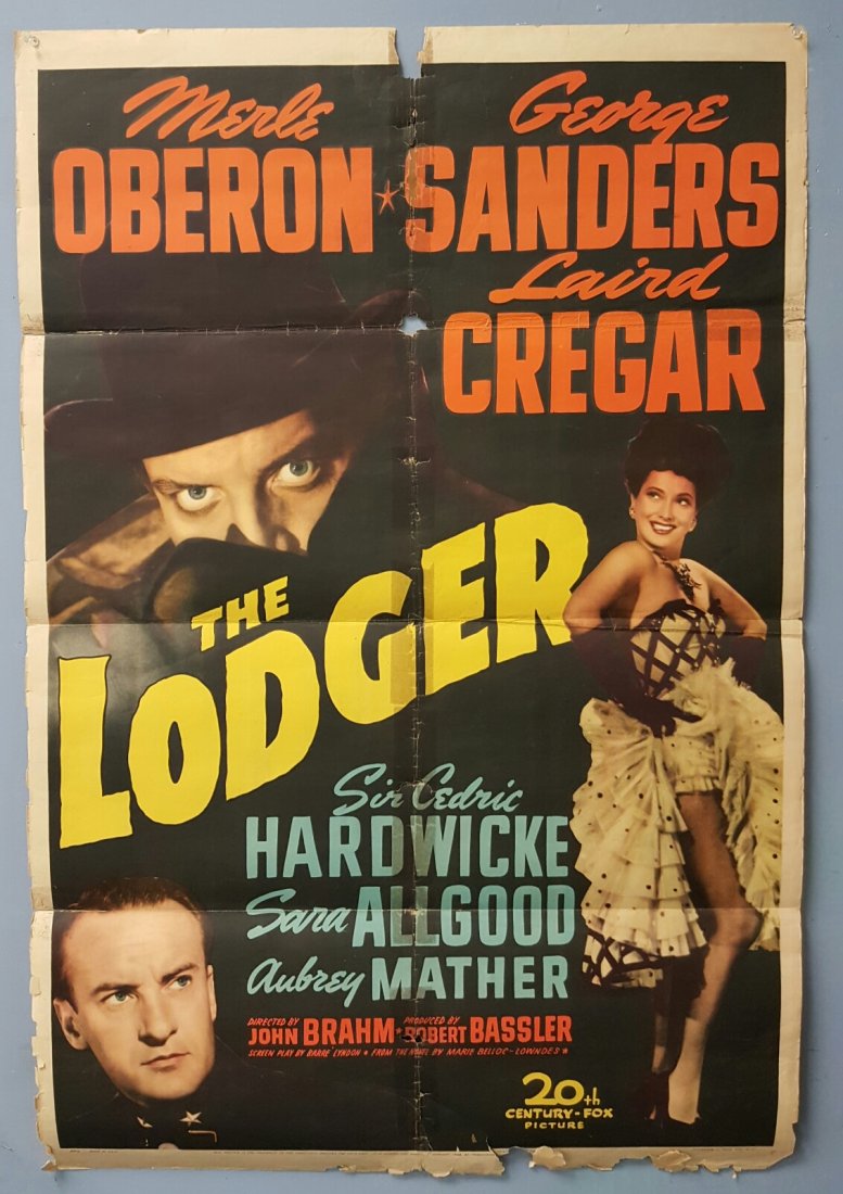 The Lodger (1943) One Sheet Movie Poster: (20th Century Fox) Suspense Thriller starring Merle Oberon, Laird Cregar, & George Sanders. This poster is unrestored with pinholes, edge wear and paper loss, fold wear and separation. Tape has been a