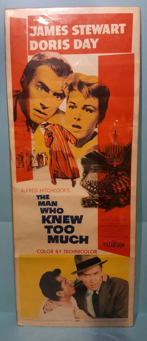 The Man Who Knew To Much (1956) Movie Poster Insert: (Paramount) Starring James Stewart and Doris Day. This unrestored poster has bright color and clean appearance. There are 4 horizontal folds and a 1.5 inch tear on the left. This movie poster insert d