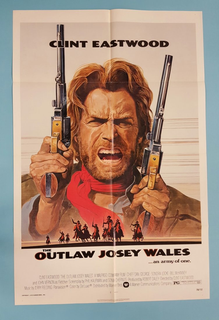 The Outlaw Josey Wales (1976) One sheet Movie Poster: (Warner Bros.) 27" x 41" Starring Clint Eastwood. This is an unrestored very clean poster. Very minor fold wear with a small cross fold separation. Looks unused.