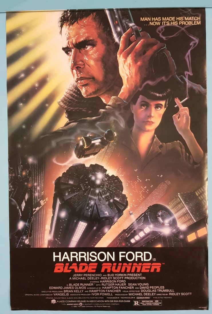 Blade Runner 1982 One Sheet 27" x 41" Movie Poster: Warner Bros. Starring Harrison Ford. This is a rolled unrestored one sheet poster in very good original condition with minor edge wear and rippling. Super art work and color.