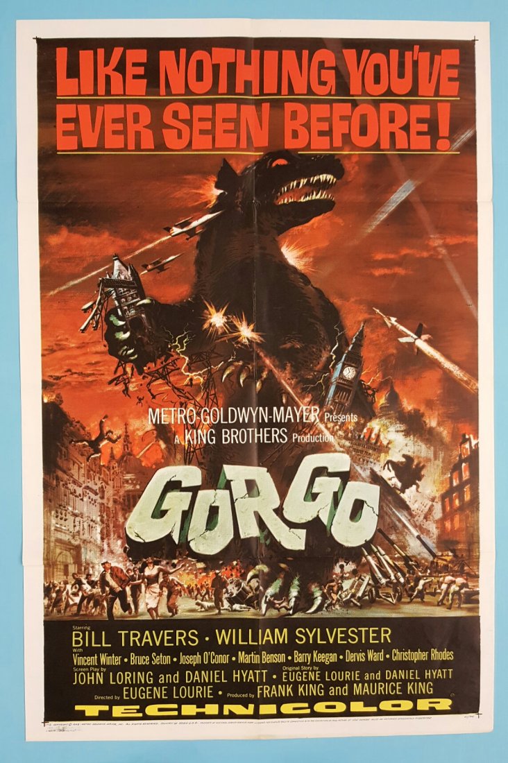 GORGO 1961 One Sheet Movie Poster 27" x 41": (Metro Goldwyn Meyer) Horror. Starring Bill Travers & William Sylvester.This is an unrestored poster in excellent condition (possibly unused) The poster has very minor edge wear and slight toning on t