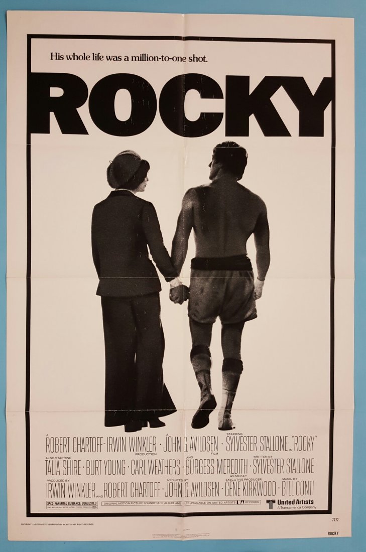 Rocky 1977 One Sheet Movie Poster 27" x 41": (United Artist) Starring Sylvester Stallone, Talia Shire, Burt Young, Carl Weathers, & Burgess Meredith. This is a folded unrestored poster in very presentable condition with some fold wear, rippling,