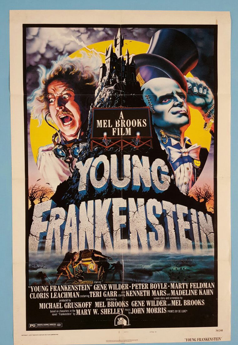 Young Frankenstein 1974 One Sheet Movie Poster: (20th Century Fox) A folded unrestored poster with good overall appearance. The poster has minor edge wear, fold wear, some staining on the border, and a 1" split at the edge of a fold.