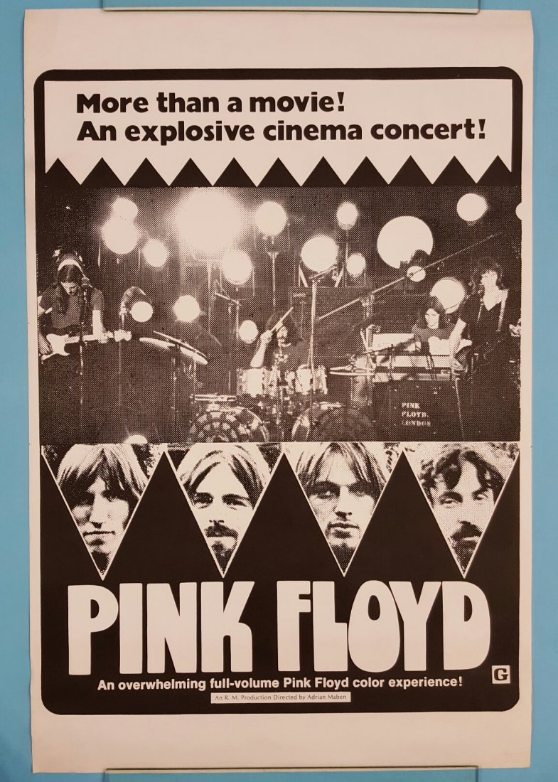 Pink Floyd 1972 One Sheet Movie Poster 27" x 41": 2 items in this lot. An R.M production directed by Adrian Maben. Starring Pink Floyd this is a rolled (no folds) unrestored poster in excellent condition with minor edge wear and a couple of faint sta